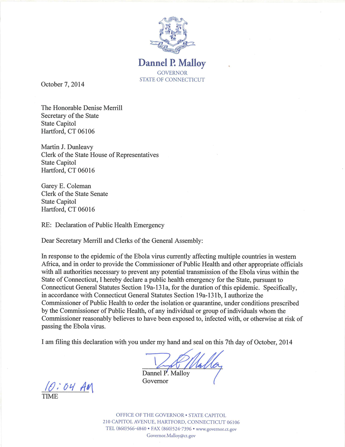 Dictator Malloy's Ebola Edict